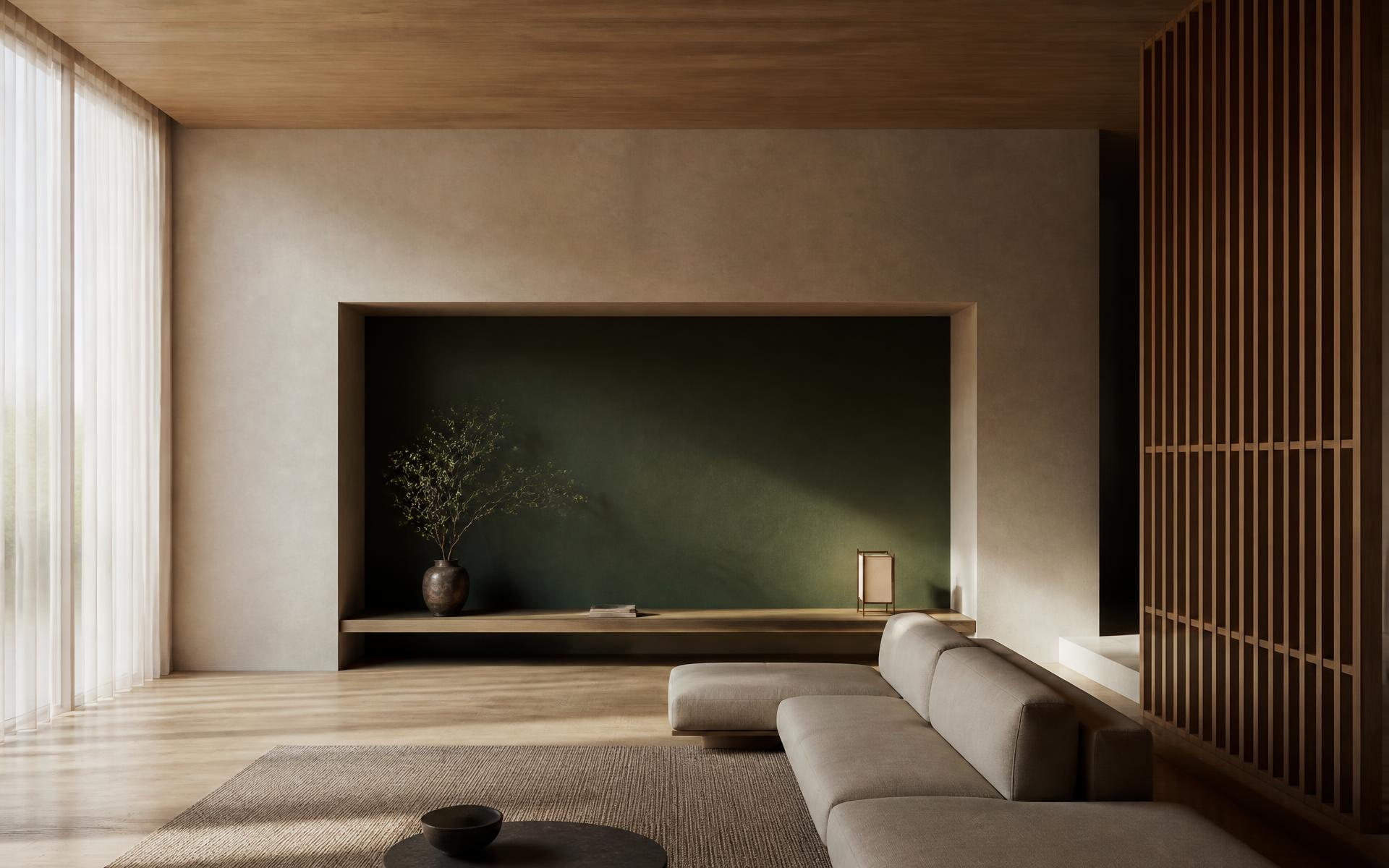 Minimal interior with cream plaster walls, oak ceiling and a deep green alcove