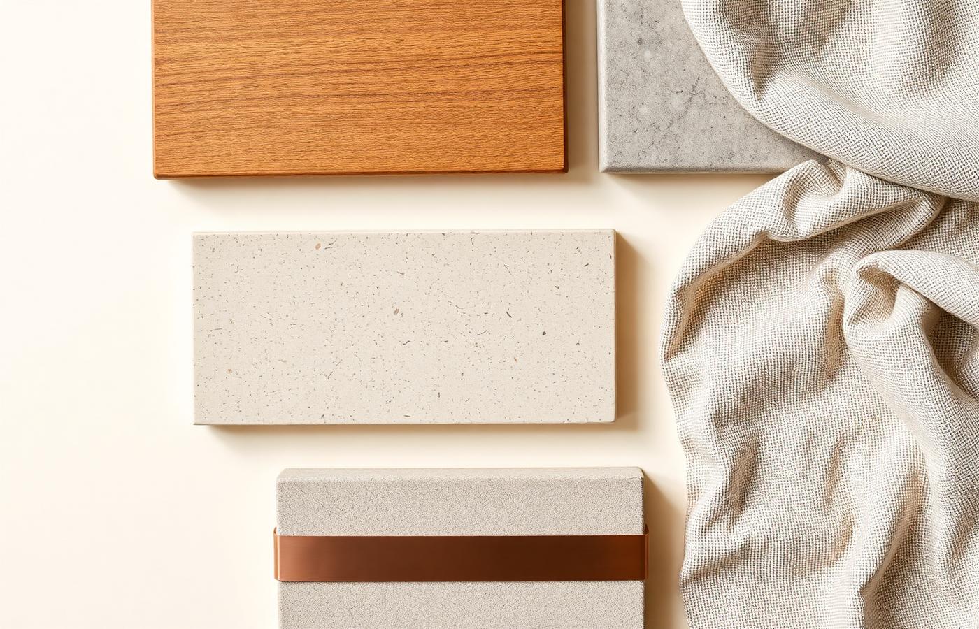 Material palette of oak, travertine, concrete, copper and linen
